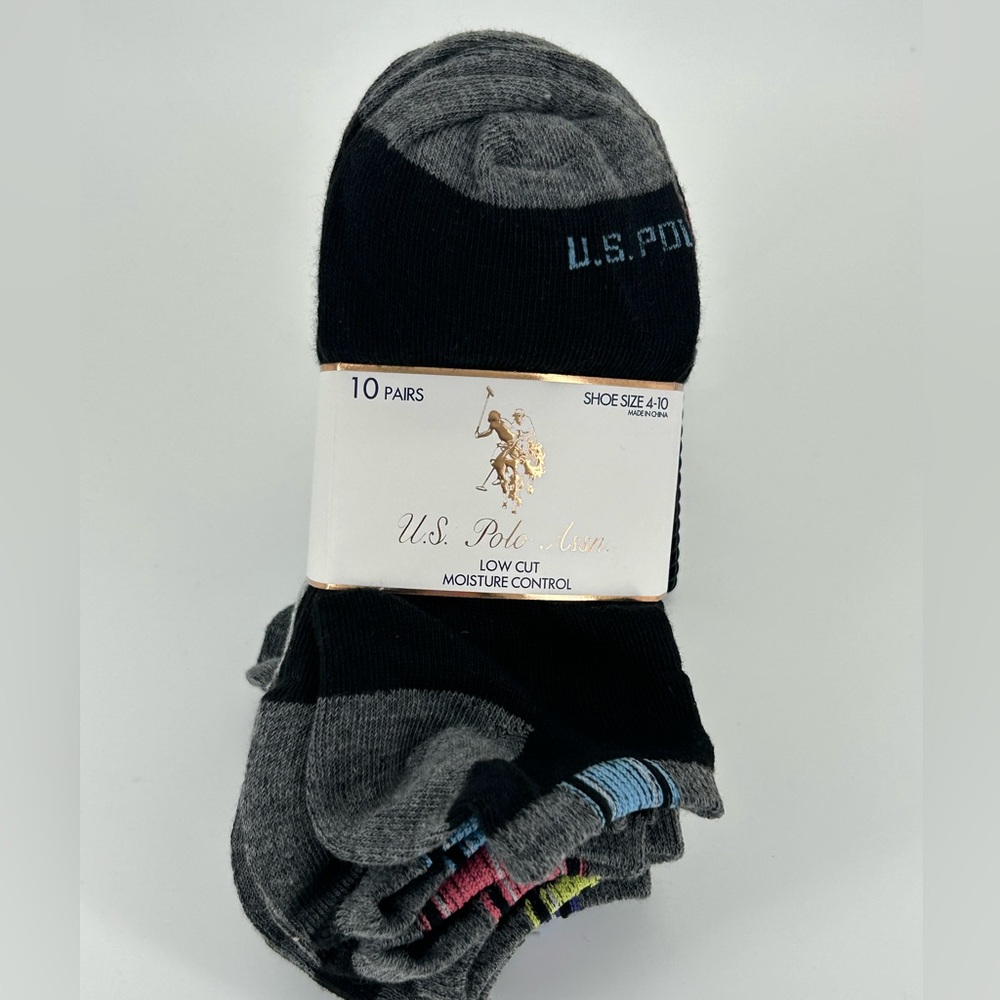 US Polo Assn 10 Pack Low Cut Ankle Socks Size 4-10 NEW with Tags Black Gray